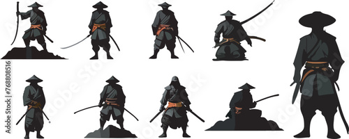 vector set of silhouettes of a Japanese samurai. samurai ninja character with ancient sword and hat