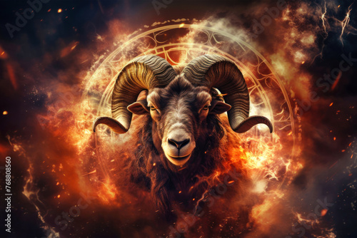 A ram, symbolizing the zodiac sign Aries, stands boldly in front of a circle of fire, showcasing its majestic large horns