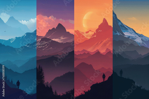 Mountain Journey, Series of Adventurer Silhouettes Across Time from Dawn to Dusk