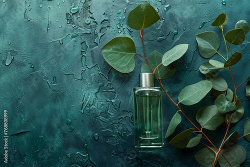 a bottle of perfume next to leaves