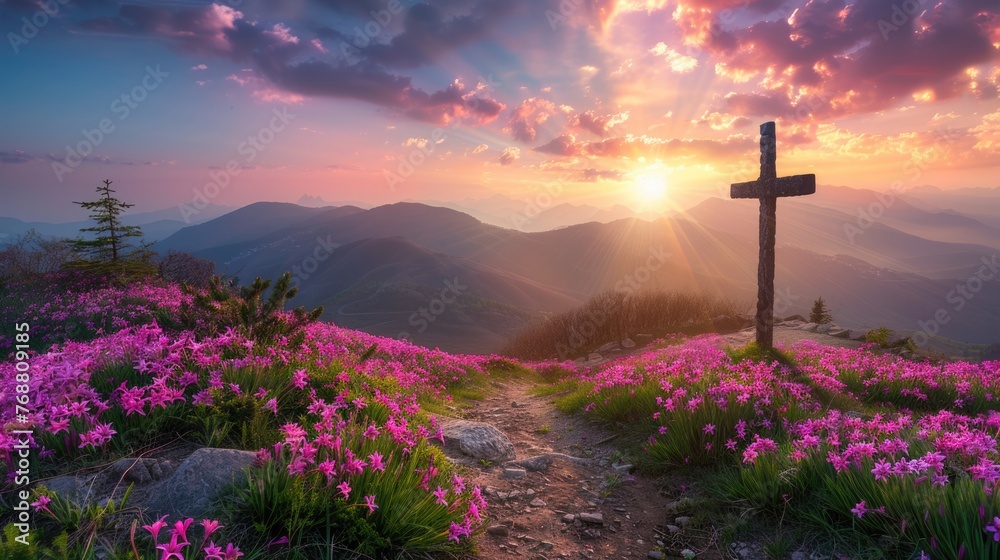 Holy cross the symbol of death and resurrection of Jesus Christ with dramatic sunset over flower field. - obrazy, fototapety, plakaty 