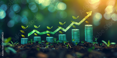 coins were stacked in rows with green plants growing upward on top of them and an arrow pointing upwards symbolizing growth and financial success photo