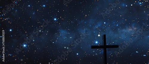 Cross in the Stars: A black cross constellation against a starry night sky, evoking celestial connections, exploring spirituality, or searching for answers in the universe.  © Nopparat