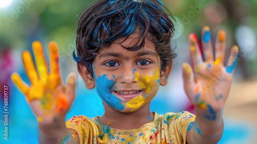 Child wearing blue and yellow paint showing palms, happy Indian Holi concept. Copy space. Blurred background
