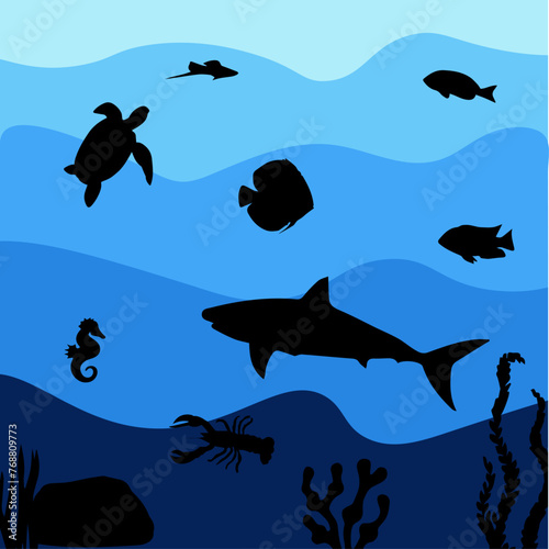 Silhouettes of marine animals in the sea. Marine background. Vector illustration.