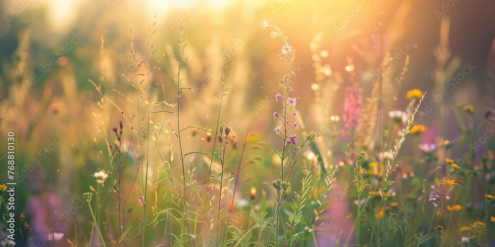A soft sunset envelopes a serene meadow, illuminating a rich tapestry of blooming wildflowers and grasses