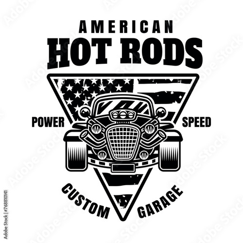 Hot rod vector emblem, label, badge or print in monochrome style isolated on white background