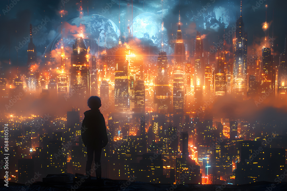 A child stands against the backdrop of a night urban landscape of the city of the future