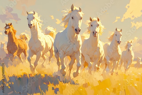 A herd of horses gallop across a field