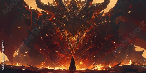A huge black dragon with fiery eyes stands in front of the gates to hell photo