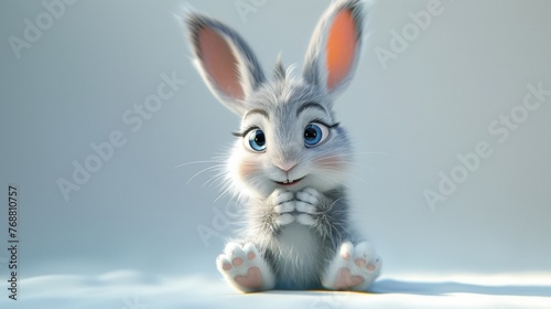 Playful gray rabbit with blue eyes sitting