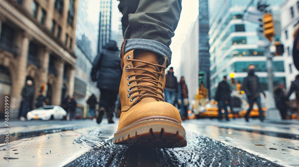 Close-up of a man walking on a city sidewalk, wearing brown boots - obrazy, fototapety, plakaty 