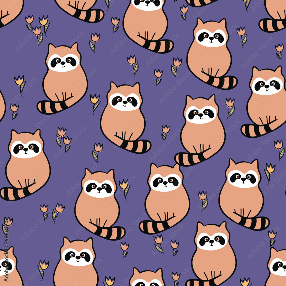 Fototapeta premium Vector seamless repeating childish pattern with cute raccoon in doodle style. Animals background for invitation, poster, card, flyer, textile, fabric