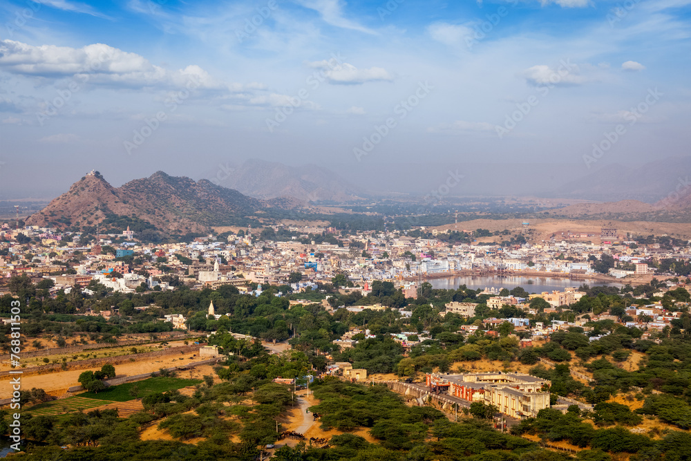 Holy city Pushkar aerial view from Savitri temple. Rajasthan, India