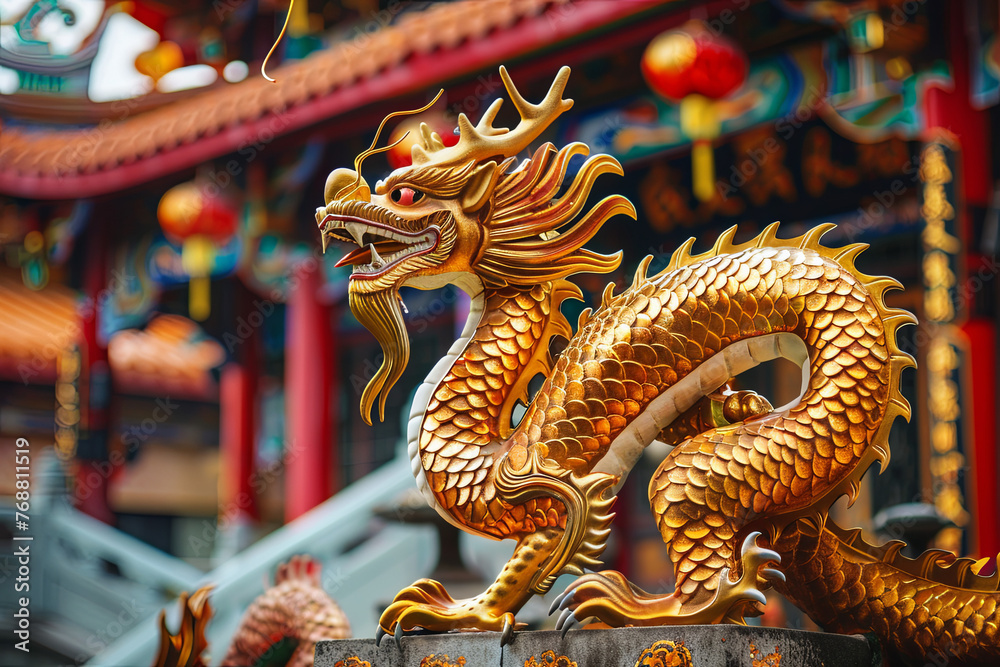 Fototapeta premium Typical auspicious dragon status in Chinese temple that brings good luck 