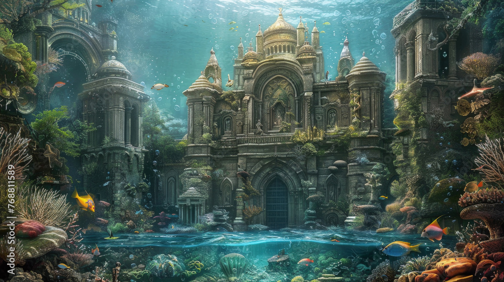 Obraz premium Underwater kingdom with a majestic castle standing in the middle surrounded by colorful marine life and coral reefs