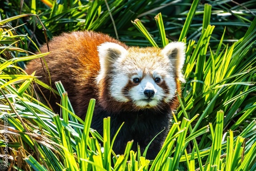 Solitary red panda standing amidst the lush foliage of leaves. photo