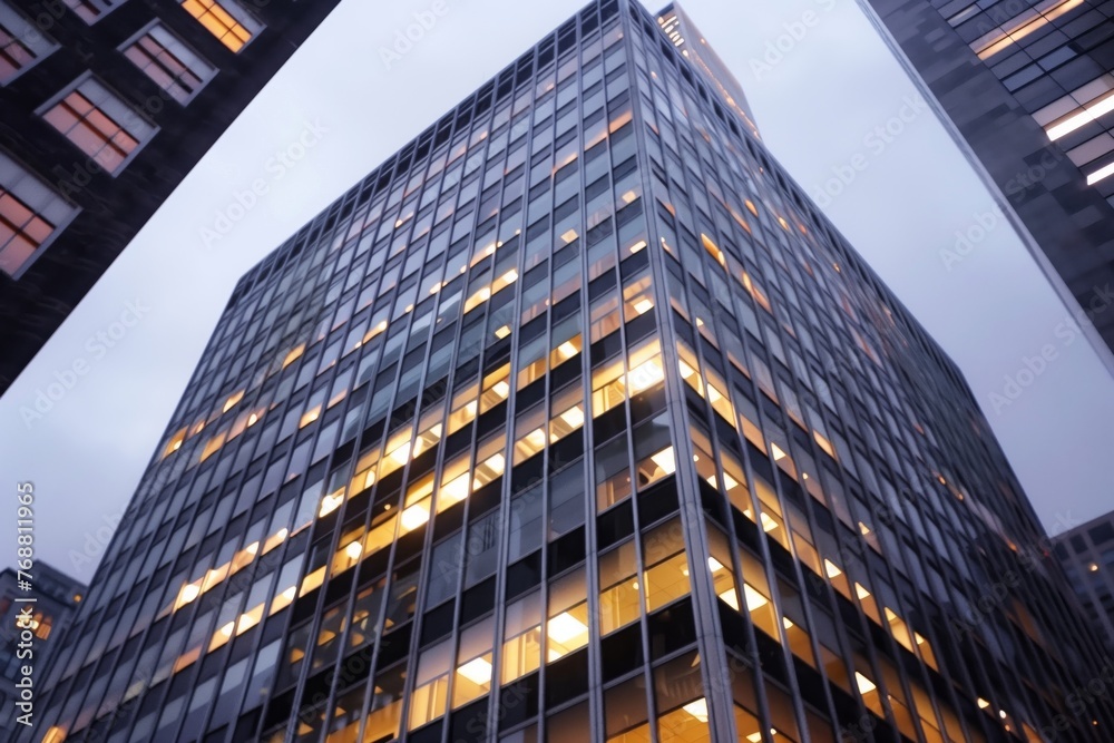 Naklejka premium exterior of highrise office with lit windows, dusk sky