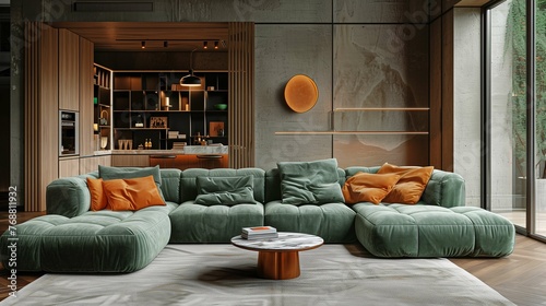 Modern Living Room Interior with Stylish Green Velvet Sofa