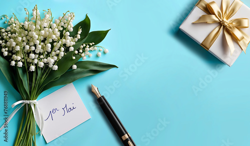 Un bouquet de muguet pour la fête du travail le 1er Mai avec une carte, un stylo à plume et un cadeau blanc décoré avec un ruban doré sur un fond bleu turquoise