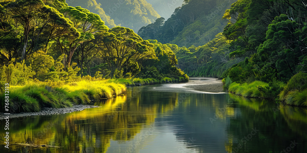 A calm river flows gently through a dense green jungle, showcasing nature's untouched beauty A calm river flows gently through a dense green jungle, showcasing nature's untouched beauty