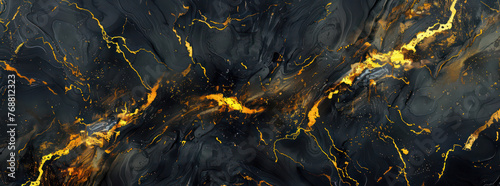 Dark marble texture with golden veins. Black marble background wallpaper