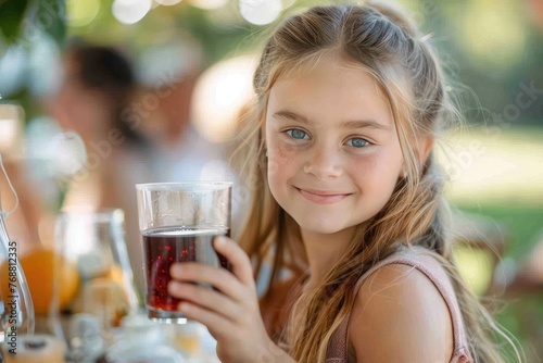 a lovely little girl is holding a glass of juice, she is attending a birthday or wedding celebration.