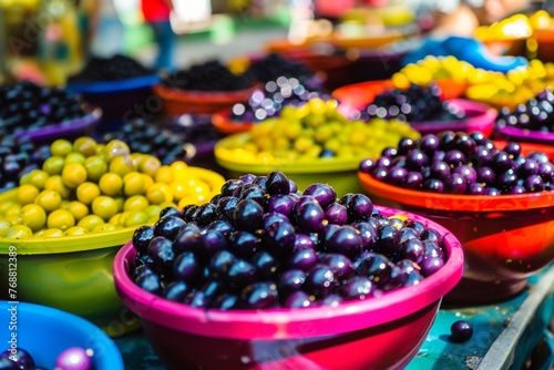 brightly colored acai berries in bowls at a street stall