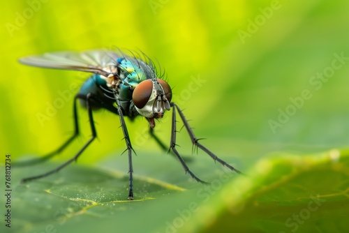photographer capturing a fly on a leaf with a macro lens © studioworkstock