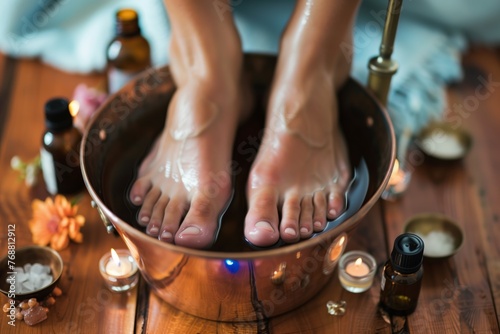 person with feet in a copper basin, surrounded by essential oils photo