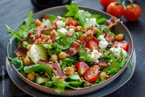 tomato top boiled egg in style of SALAD AVOCADO, chickpea salad, fruits salads