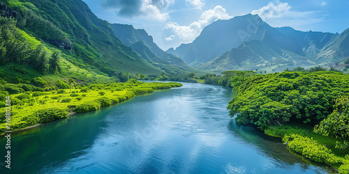 This breathtaking image captures a wide river flanked by steep, magnificent green-covered mountains under a blue sky © road to millionaire