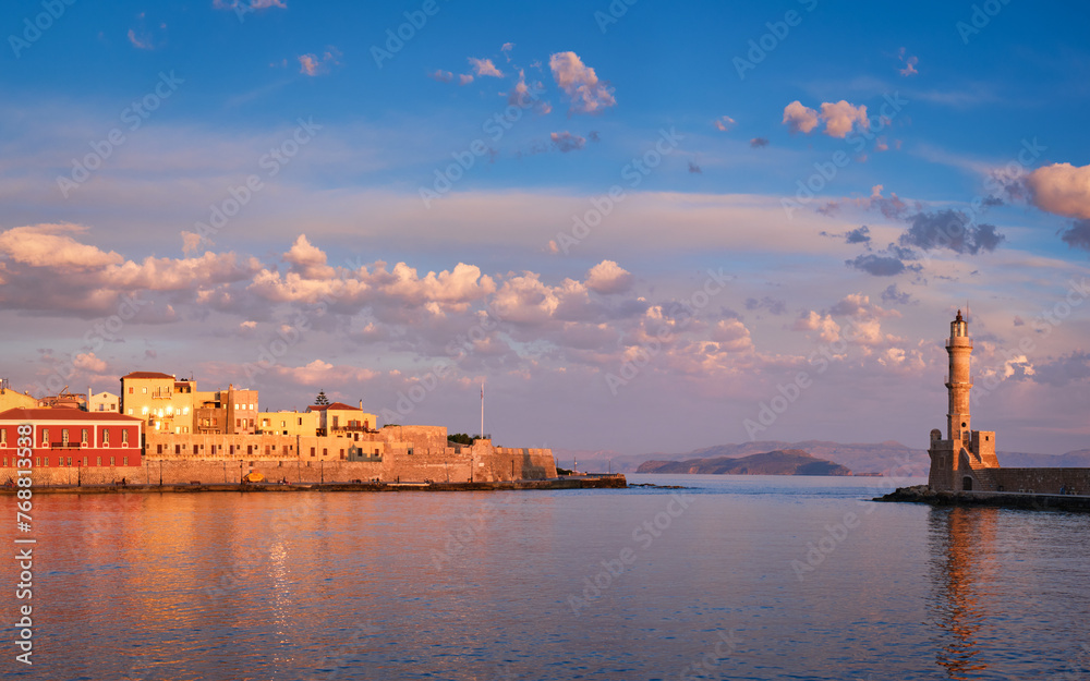 Panorama of picturesque old port of Chania is one of landmarks and tourist destinations of Crete island in the morning on sunrise. Chania, Crete, Greece