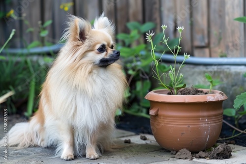 fluffy dog near a dugup flowerpot photo