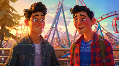 Two young men stand side by side in front of a towering roller coaster, looking excited and ready to board the thrilling ride