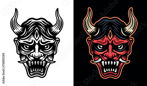 Oni mask with horns vector illustration in two styles monochrome on white and colorful on dark background