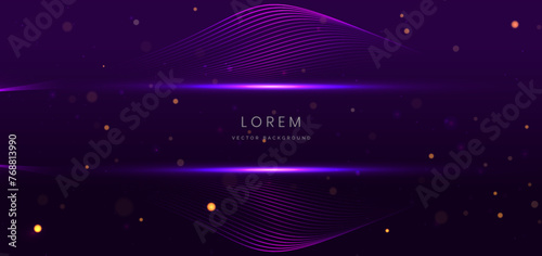 Abstract glowing neon purple wave light lines on dark purple background.