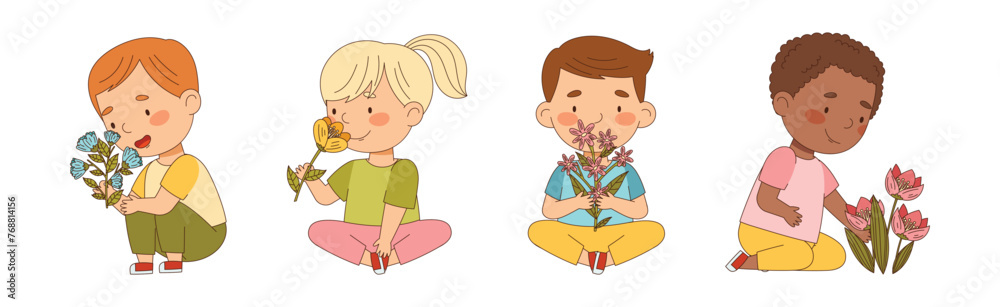 Little Kids with Seasonal Flower Bouquet Vector Set Little Kids with Seasonal Flower Bouquet Vector Set