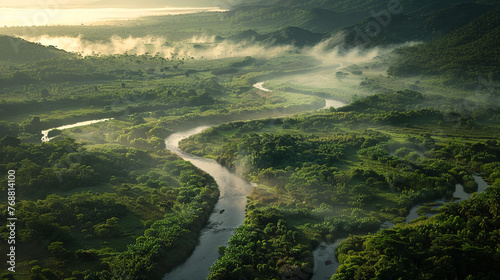 A river meanders through a sprawling valley with lush vegetation, bathed in the light of a misty morning