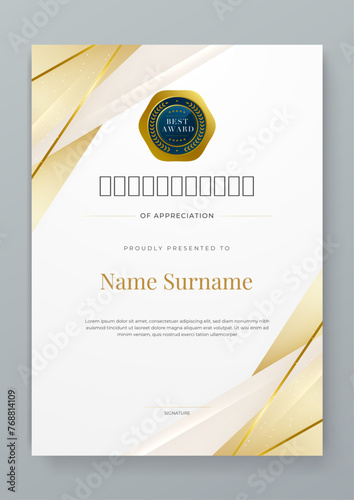 White blue and gold certificate of corporate luxury and modern template. For corporate, achievement, diploma, award, graduation, completion, appreciation, acknowledgement, recognition etc
