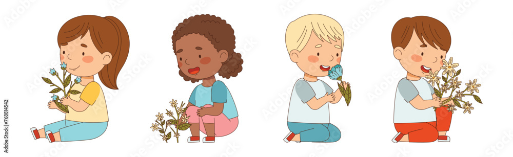 Little Kids with Seasonal Flower Bouquet Vector Set Little Kids with Seasonal Flower Bouquet Vector Set