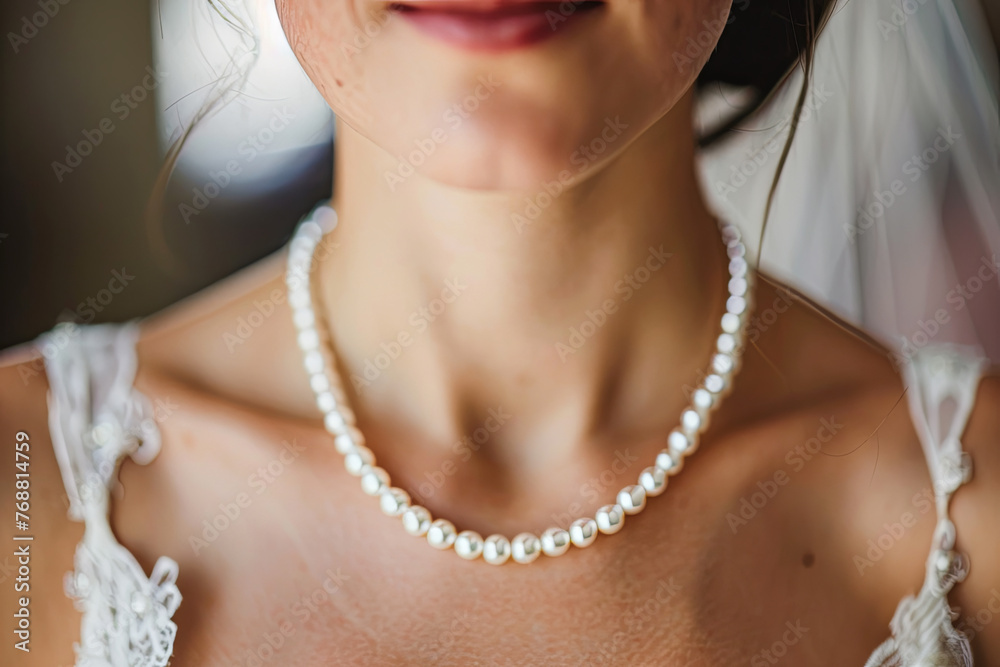 Necklace from pearls on the neck of bride
