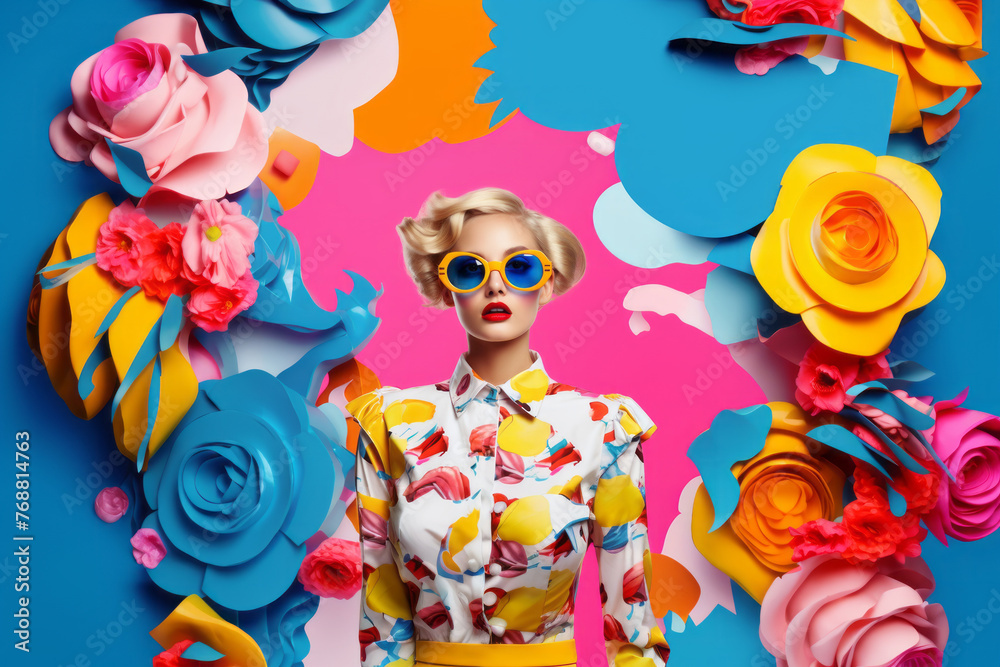 custom made wallpaper toronto digitalBeautiful young woman in stylish sunglasses on  background with decorative flowers. Beauty and fashion concept.