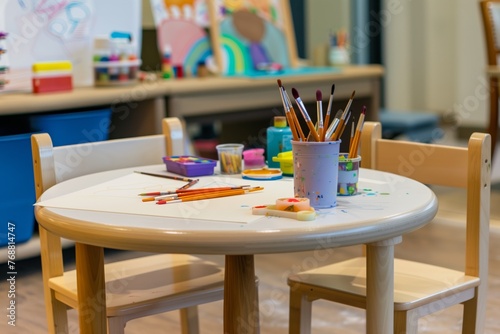 childsize chairs and round table with art supplies photo