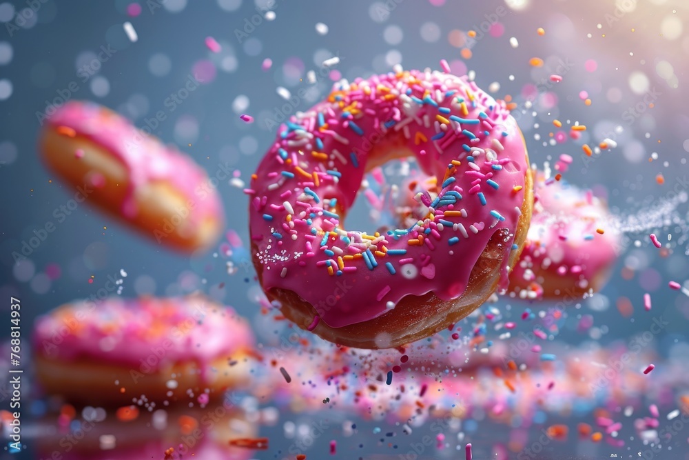Dynamically captured flying donuts with pink frosting and colorful ...
