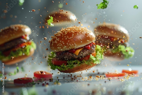 Dynamic hamburgers with ingredients scattering in a close-up shot on a neutral background