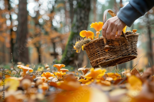 person with basket picking chanterelles in a forest