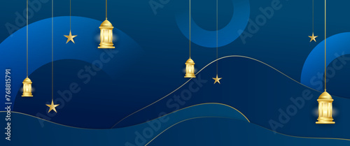 Blue and gold vector luxury and elegant banner template islamic with lamp and mandala ornament. For greeting card, advertising, discount, poster, background and banner