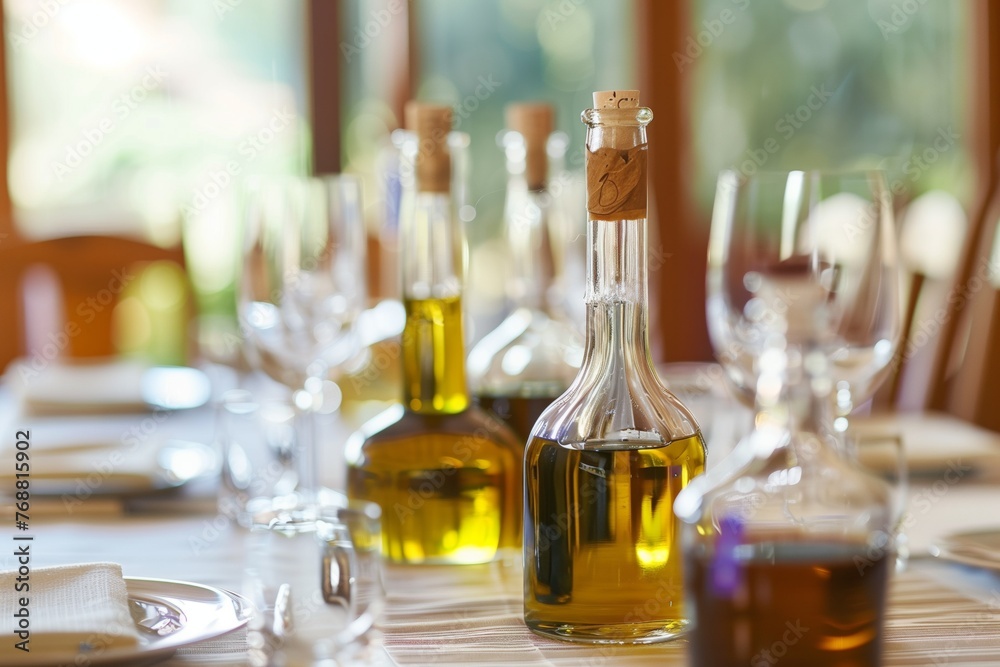 oil and vinegar bottles as part of a table setting with wine glasses oil and vinegar bottles as part of a table setting with wine glasses