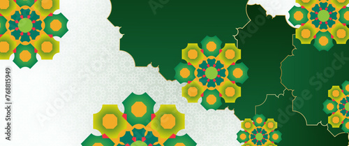 Orange green and white vector luxury and elegant banner template islamic with lamp and mandala ornament. For greeting card, advertising, discount, poster, background and banner